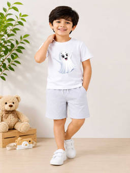MALKIAT - Boys White Pure Cotton Graphic Printed T-shirt and Shorts