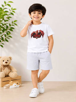 MALKIAT - Boys White Pure Cotton Graphic Printed T-shirt and Shorts