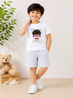 MALKIAT - Boys White Pure Cotton Graphic Printed T-shirt and Shorts