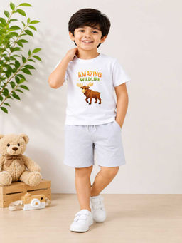MALKIAT - Boys White Pure Cotton Graphic Printed T-shirt and Shorts