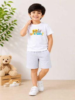 MALKIAT - Boys White Pure Cotton Graphic Printed T-shirt and Shorts