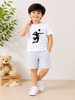 MALKIAT - Boys White Pure Cotton Graphic Printed T-shirt and Shorts