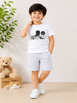 MALKIAT - Boys White Pure Cotton Graphic Printed T-shirt and Shorts