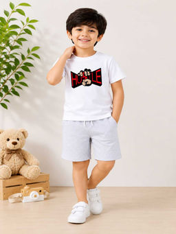 MALKIAT - Boys White Pure Cotton Graphic Printed T-shirt and Shorts