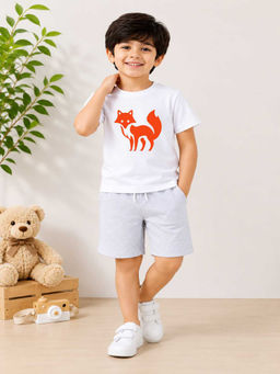 MALKIAT - Boys White Pure Cotton Graphic Printed T-shirt and Shorts