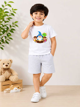 MALKIAT - Boys White Pure Cotton Graphic Printed T-shirt and Shorts