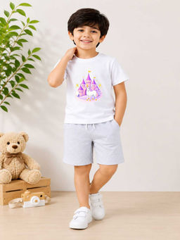 MALKIAT - Boys White Pure Cotton Graphic Printed T-shirt and Shorts
