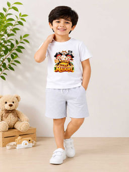 MALKIAT - Boys White Pure Cotton Graphic Printed T-shirt and Shorts