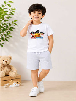 MALKIAT - Boys White Pure Cotton Graphic Printed T-shirt and Shorts