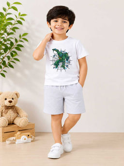MALKIAT - Boys White Pure Cotton Graphic Printed T-shirt and Shorts