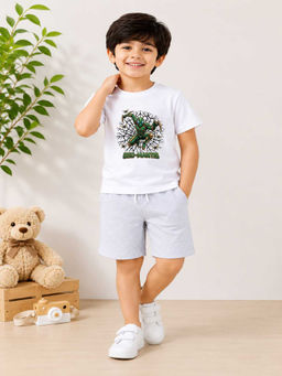 MALKIAT - Boys White Pure Cotton Graphic Printed T-shirt and Shorts