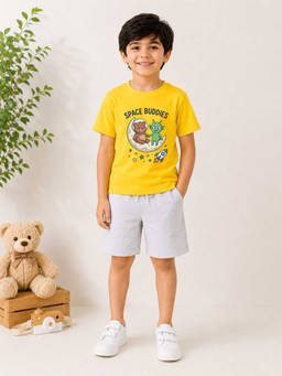MALKIAT - Boys Yellow Pure Cotton Graphic Printed T-shirt and Shorts