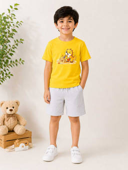 MALKIAT - Boys Yellow Pure Cotton Graphic Printed T-shirt and Shorts