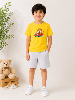 MALKIAT - Boys Yellow Pure Cotton Graphic Printed T-shirt and Shorts