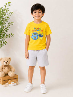 MALKIAT - Boys Yellow Pure Cotton Graphic Printed T-shirt and Shorts