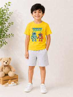 MALKIAT - Boys Yellow Pure Cotton Graphic Printed T-shirt and Shorts