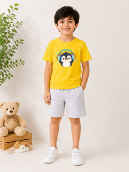 MALKIAT - Boys Yellow Pure Cotton Graphic Printed T-shirt and Shorts