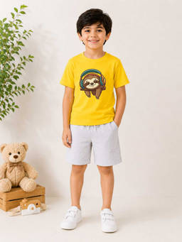 MALKIAT - Boys Yellow Pure Cotton Graphic Printed T-shirt and Shorts
