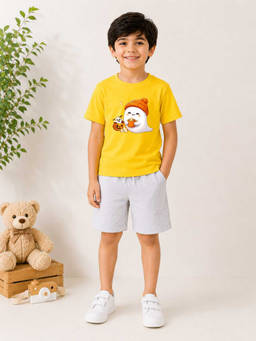 MALKIAT - Boys Yellow Pure Cotton Graphic Printed T-shirt and Shorts