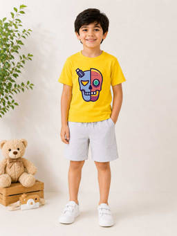 MALKIAT - Boys Yellow Pure Cotton Graphic Printed T-shirt and Shorts