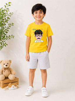 MALKIAT - Boys Yellow Pure Cotton Graphic Printed T-shirt and Shorts