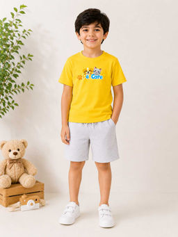 MALKIAT - Boys Yellow Pure Cotton Graphic Printed T-shirt and Shorts