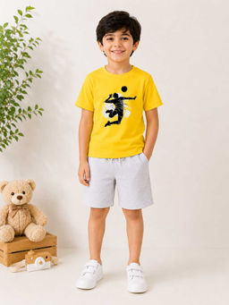 MALKIAT - Boys Yellow Pure Cotton Graphic Printed T-shirt and Shorts
