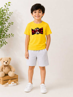 MALKIAT - Boys Yellow Pure Cotton Graphic Printed T-shirt and Shorts