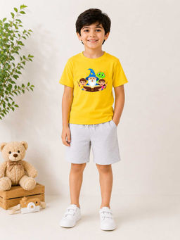 MALKIAT - Boys Yellow Pure Cotton Graphic Printed T-shirt and Shorts