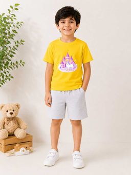 MALKIAT - Boys Yellow Pure Cotton Graphic Printed T-shirt and Shorts