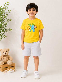 MALKIAT - Boys Yellow Pure Cotton Graphic Printed T-shirt and Shorts