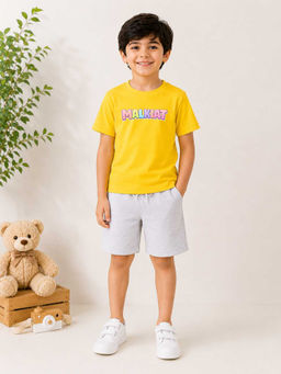 MALKIAT - Boys Yellow Pure Cotton Graphic Printed T-shirt and Shorts