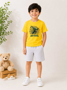 MALKIAT - Boys Yellow Pure Cotton Graphic Printed T-shirt and Shorts