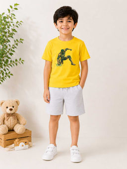 MALKIAT - Boys Yellow Pure Cotton Graphic Printed T-shirt and Shorts