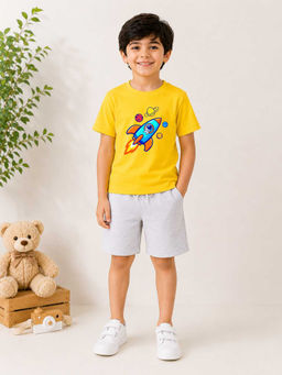 MALKIAT - Boys Yellow Pure Cotton Graphic Printed T-shirt and Shorts