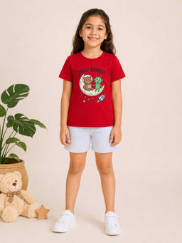 MALKIAT - Girls Red Pure Cotton Graphic Printed T-shirt and Shorts