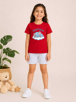 MALKIAT - Girls Red Pure Cotton Graphic Printed T-shirt and Shorts