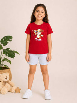 MALKIAT - Girls Red Pure Cotton Graphic Printed T-shirt and Shorts