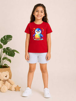 MALKIAT - Girls Red Pure Cotton Graphic Printed T-shirt and Shorts