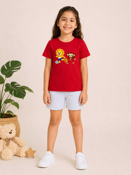 MALKIAT - Girls Red Pure Cotton Graphic Printed T-shirt and Shorts