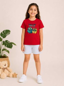 MALKIAT - Girls Red Pure Cotton Graphic Printed T-shirt and Shorts