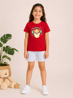 MALKIAT - Girls Red Pure Cotton Graphic Printed T-shirt and Shorts