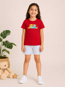 MALKIAT - Girls Red Pure Cotton Graphic Printed T-shirt and Shorts