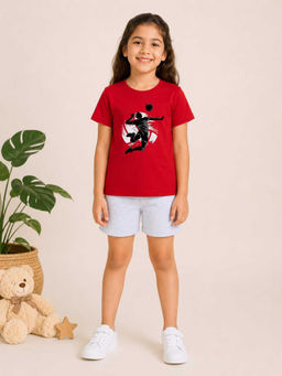 MALKIAT - Girls Red Pure Cotton Graphic Printed T-shirt and Shorts