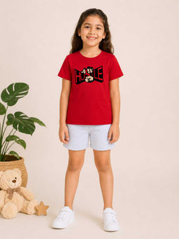 MALKIAT - Girls Red Pure Cotton Graphic Printed T-shirt and Shorts