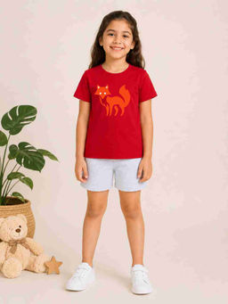MALKIAT - Girls Red Pure Cotton Graphic Printed T-shirt and Shorts