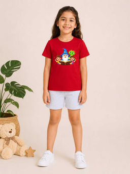 MALKIAT - Girls Red Pure Cotton Graphic Printed T-shirt and Shorts