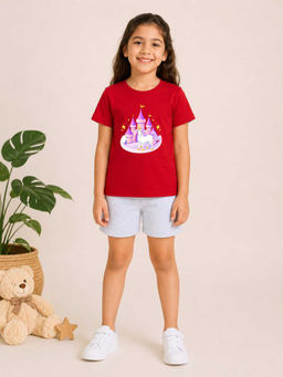 MALKIAT - Girls Red Pure Cotton Graphic Printed T-shirt and Shorts