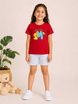 MALKIAT - Girls Red Pure Cotton Graphic Printed T-shirt and Shorts