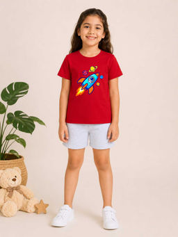 MALKIAT - Girls Red Pure Cotton Graphic Printed T-shirt and Shorts